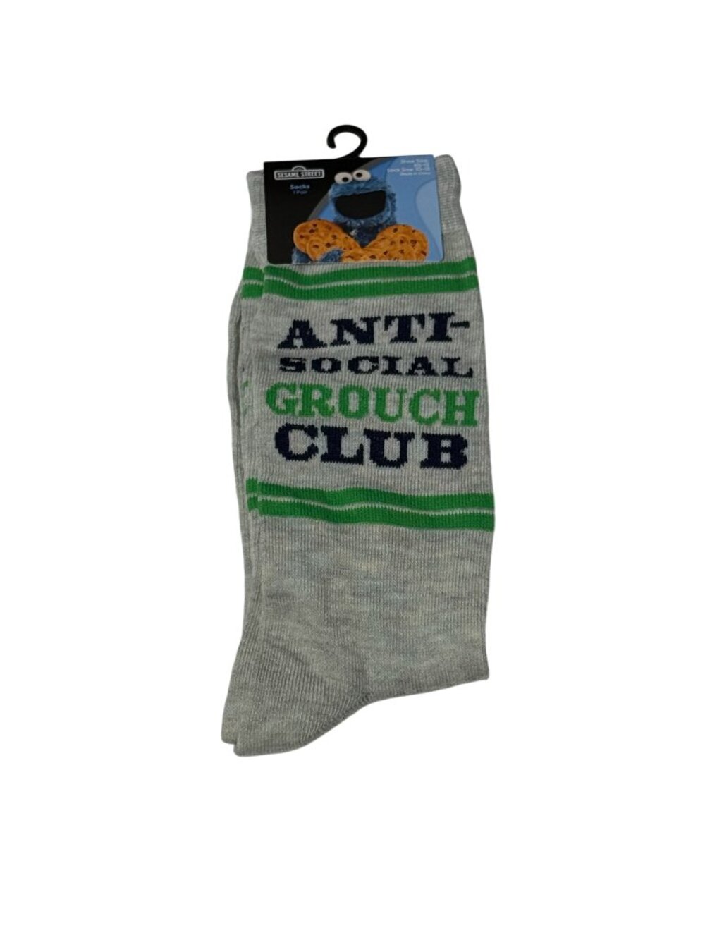 Sesame Street Anti Social Grouch Club Gray Crew Socks Men’s 6-12 New